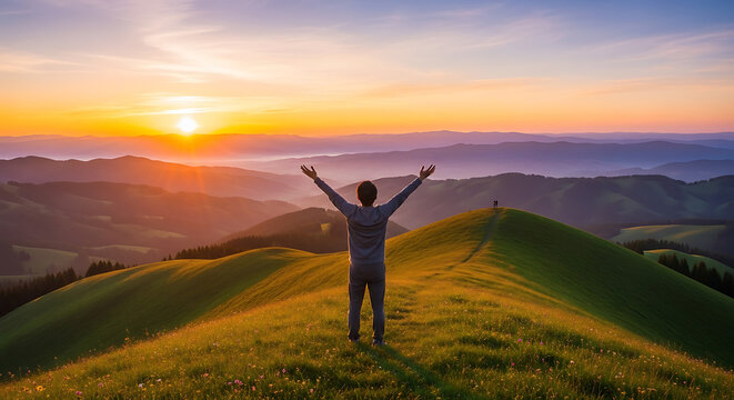 A man stands on a hilltop, arms raised towards the vibrant sunrise.