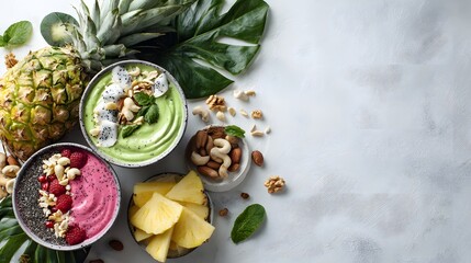 Top view of detox vegan flatlay with smoothie bowls, tropical fruits, leafy greens, and nuts styled on a white surface, minimal design with lots of copy space, wellness and clean eating vibe