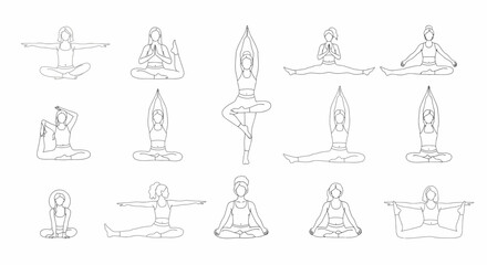 Collection of Line Art Yoga Poses Women in Various Asanas.