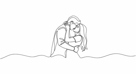 Continuous Line Drawing of a Kissing Couple Embracing Passionately.