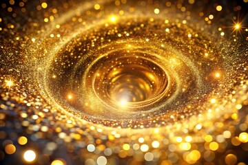 A dazzling display of golden light and shimmering stars forms an abstract galaxy, spiraling into a cosmic vortex of energy and celestial beauty