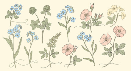 Delicate floral arrangement featuring forgetmenots clover and pastel roses.