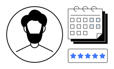 Male portrait avatar inside a circle next to a calendar and five-star rating bar. Ideal for user profile, feedback, booking, evaluation, scheduling, customer experience, teamwork. Simple flat