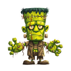 Frankenstein Monster Cartoon with Bolts and Stitches PNG Halloween Monster Clipart, Isolated on Transparent White Background