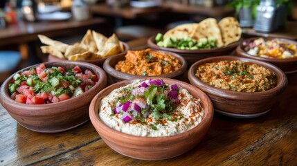 Fototapeta premium Colorful Assortment of Dishes with Fresh Ingredients on Wooden Table