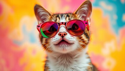 Playful cat in colorful sunglasses, bright backdrop, charming pose,  fashion,  cute