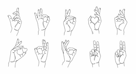 Line Art Hands Expressing Gestures OK Heart Peace and Pointing.