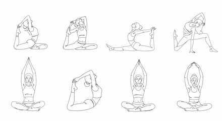Line Art Yoga Poses Flexible Women in Various Stretching Positions.