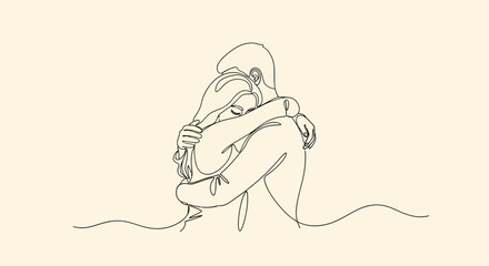 Minimalist Line Art Embracing Couple in Tender Affectionate Hug.