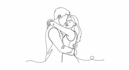 Minimalist Line Art Embracing Couple in Tender Moment of Affection.