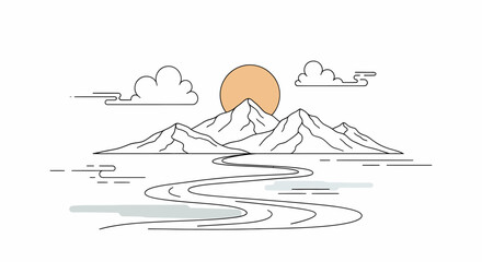 Minimalist mountain range with winding river and sun illustration.