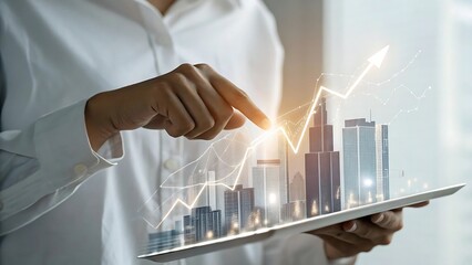 Person analyzing financial growth chart with city skyline on tablet