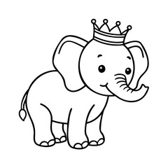 Handdrawn cartoon elephant wearing a crown with a trunk big ears on animal