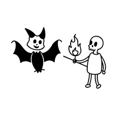 Handdrawn a bat a skeleton holding a torch with flames fire