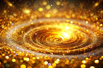 A brilliant vortex of golden light and shimmering stars forms an abstract galaxy, spiraling into a cosmic dance of energy and celestial beauty, radiating outwards