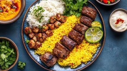 Delicious Middle Eastern Cuisine with Grilled Meat and Rice Dish