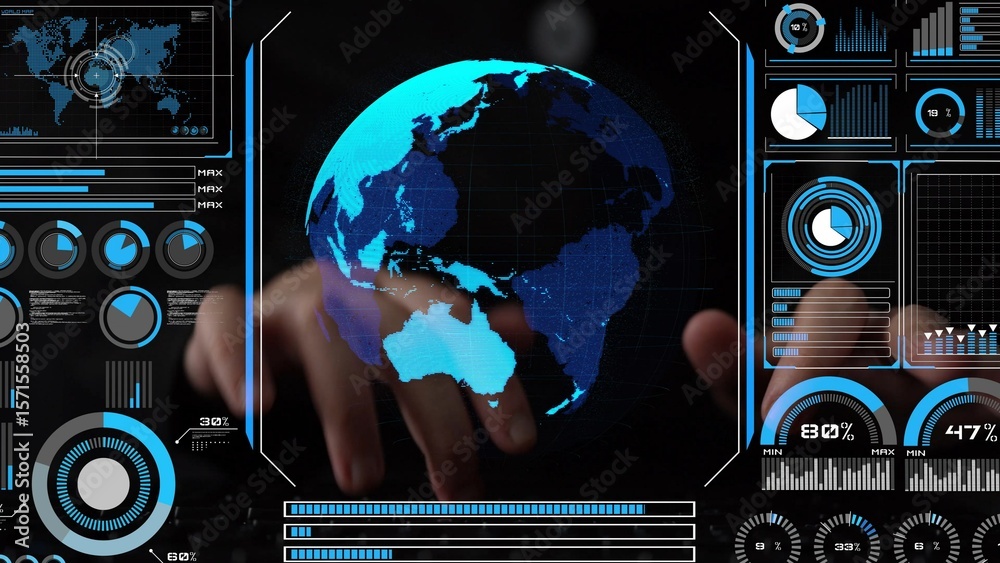 Poster high-tech global network connection interface showing worldwide digital communication, data exchange