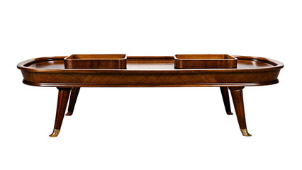 An elegant wooden coffee table with containers, showcasing a classic design and luxury feel.