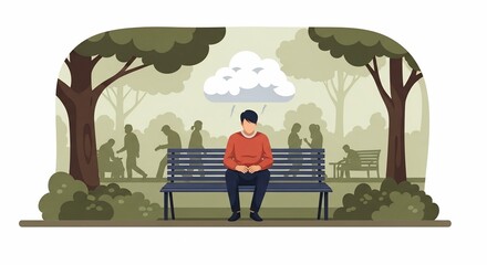 Solitary figure on park bench under rain cloud, surrounded by blurred silhouettes