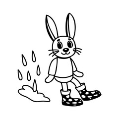 Handdrawn a rabbit wearing polka dot rain boots in the rain bunny raindrops