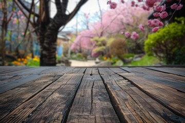 Spring blossom garden background with wooden table
