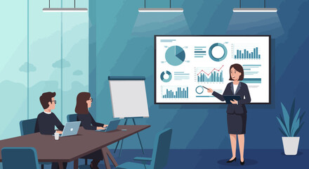 Fototapeta premium Business Meeting and Presentation: A dynamic business scene captures a presenter delivering a compelling presentation to an attentive audience in a modern, well-lit office setting. 