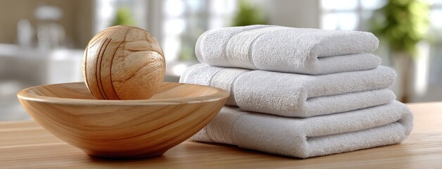 Soft towels with a massage ball and frangipani flower create a calming atmosphere for beauty and wellness treatments