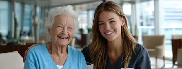 A nurse and an elderly woman enjoy time together, smiling and embracing in a cozy living room at a senior care facility