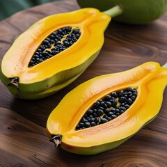 Fresh papaya and melon on a plate on a wooden table