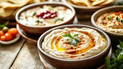 Fresh and Delicious Hummus Served with Olive Oil and Spices