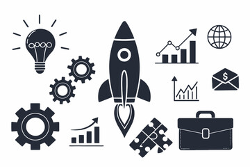 A vibrant illustration of a rocket launching amidst business icons, symbolizing growth and success