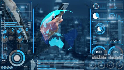 High-tech global network connection interface showing worldwide digital communication, data...