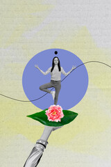 Creative artwork template image 3D collage of hand hold leave rose young lady stand balance season...