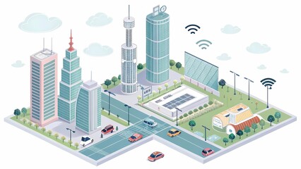Fototapeta premium Isometric city illustration of smart city with buildings cars and wifi connectivity concept design vector