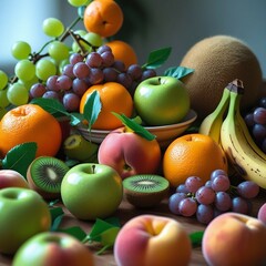 Fresh assortment of ripe fruits and berries on a white plate