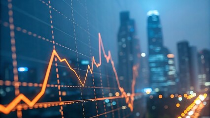 Glowing stock market graph with blurred city skyline at night