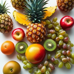 Fresh assortment of ripe fruits on black background and wooden table