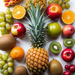 Fresh assortment of ripe fruits on black background and wooden table
