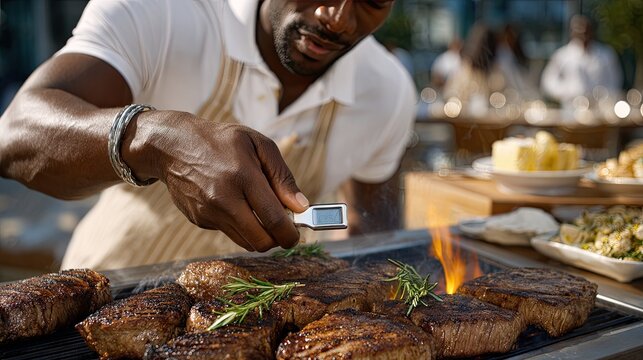 Hand holds a digital meat thermometer above a ribeye steak cooking on the grill, showcasing precision in outdoor grilling