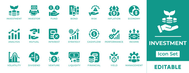 Investment Icon Set. Features icons of stocks, savings, ROI, portfolio, market growth, profit, and finance tools. Perfect for finance, fintech, and business apps.