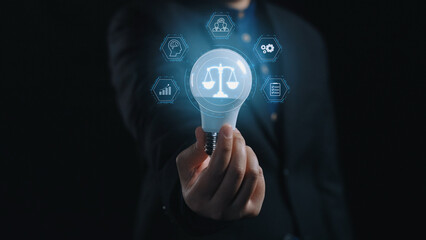 Futuristic digital law interface displaying justice scale, highlighting digital law, AI compliance,...