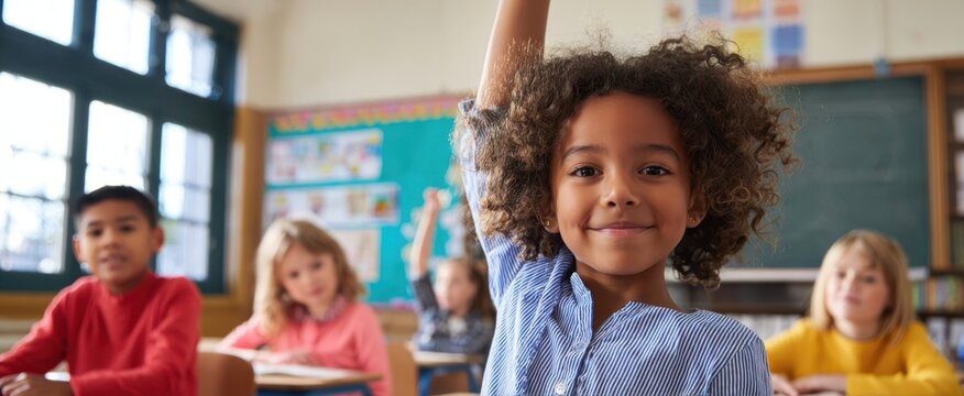 The enthusiastic child raising her hand in a vibrant classroom setting.