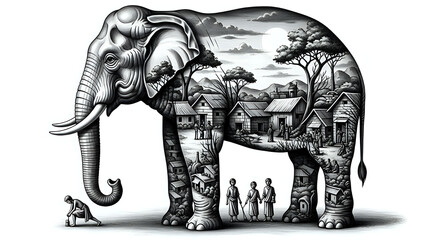 An elephant silhouette filled with a village scene and a small figure at its trunk's end