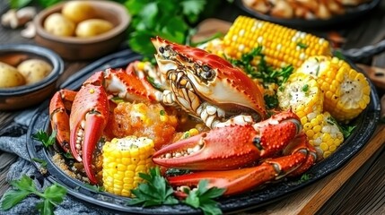Fresh Seafood Platter with Crab, Corn, and Potatoes on Table