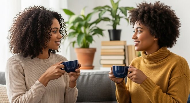 Two Smiling Women Enjoying Coffee and Conversation in a Cozy Living Room