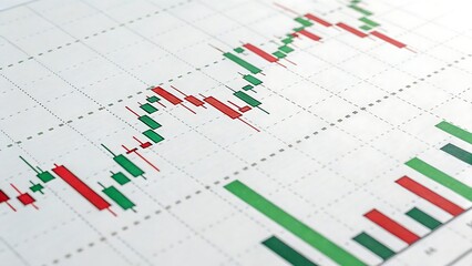 Close up of a financial stock market candlestick chart with red and green bars