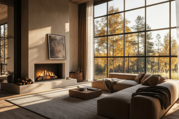 Naklejka premium Cozy modern living room features large fireplace, comfortable sectional sofa, and expansive windows showcasing autumn foliage. warm ambiance invites relaxation and comfort