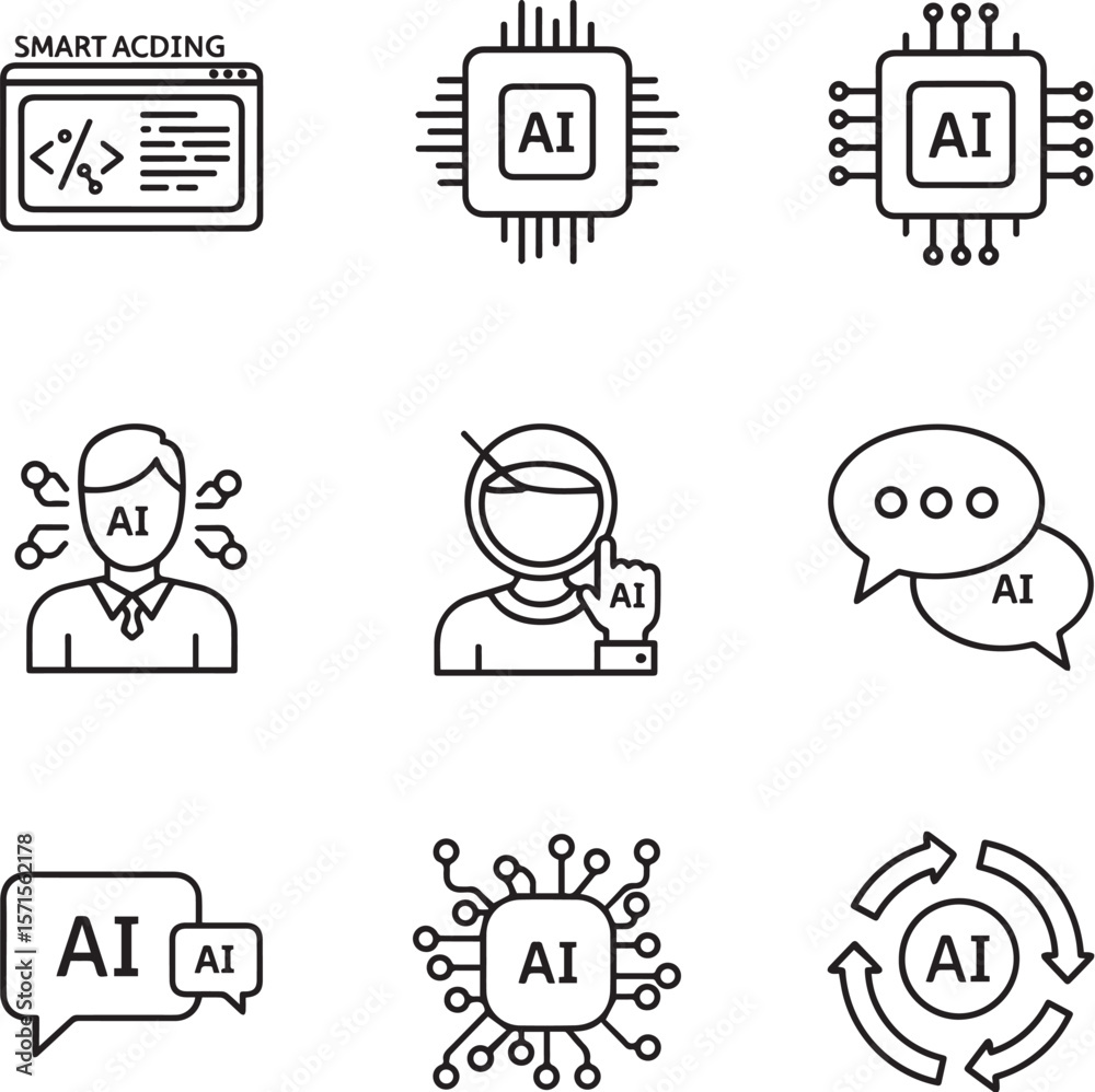 Fototapete Artificial intelligence icons depicting coding chip brain communication and cycle vector