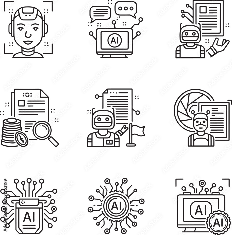 Poster artificial intelligence icons depicting robots data analysis and technology computer