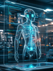 Futuristic medical AI assistant displays holographic human anatomy, showcasing internal organs and systems. digital interface provides real time data and analysis, enhancing patient education